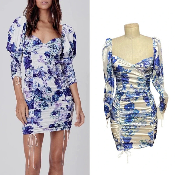 For Love & Lemons Hyacinth Drawstring Ruched Mini Dress Blue White Size XS - Picture 1 of 12